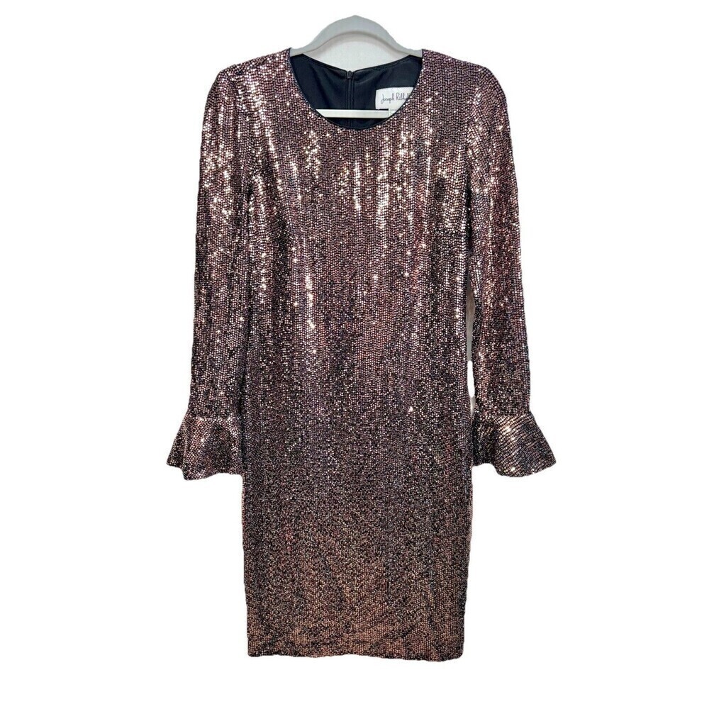 Joseph Ribkoff Shimmer Sheath Dress Size 6 Rose Gold Flare Long Sleeve Party - Picture 1 of 12
